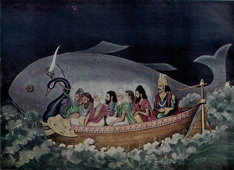 The fish avatara of Vishnu saves Manu during the great deluge