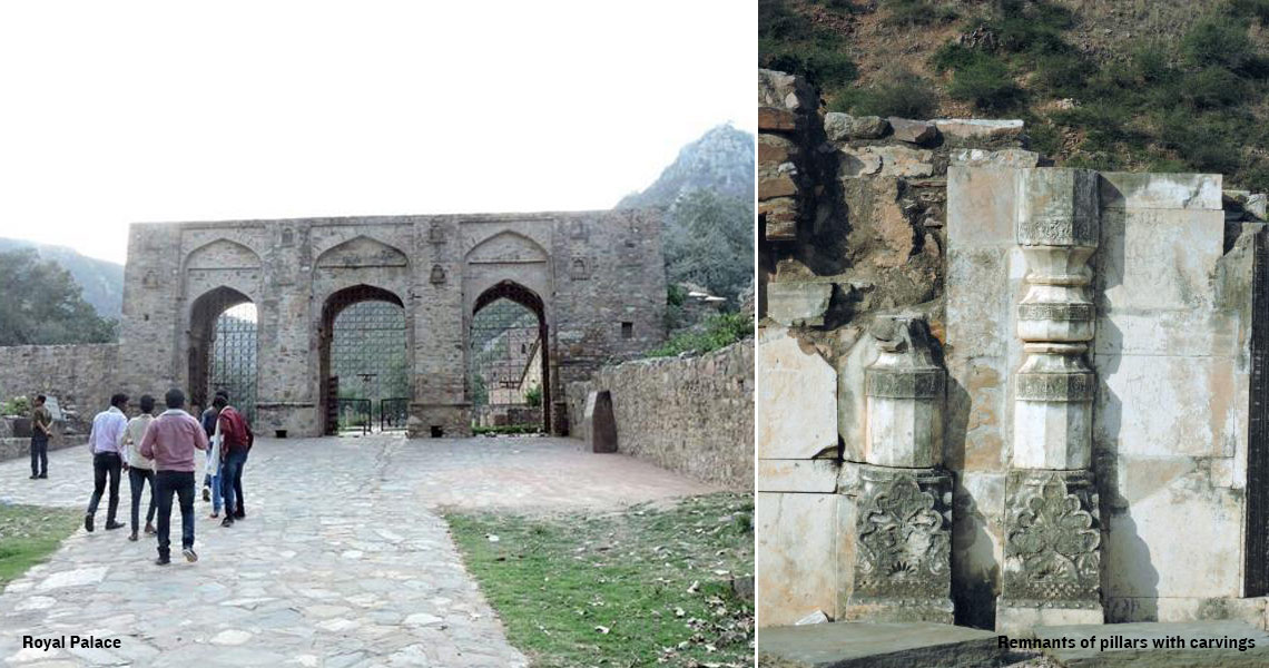 royal palace in sariska tiger heaven | Remnants of pillars with carvings.