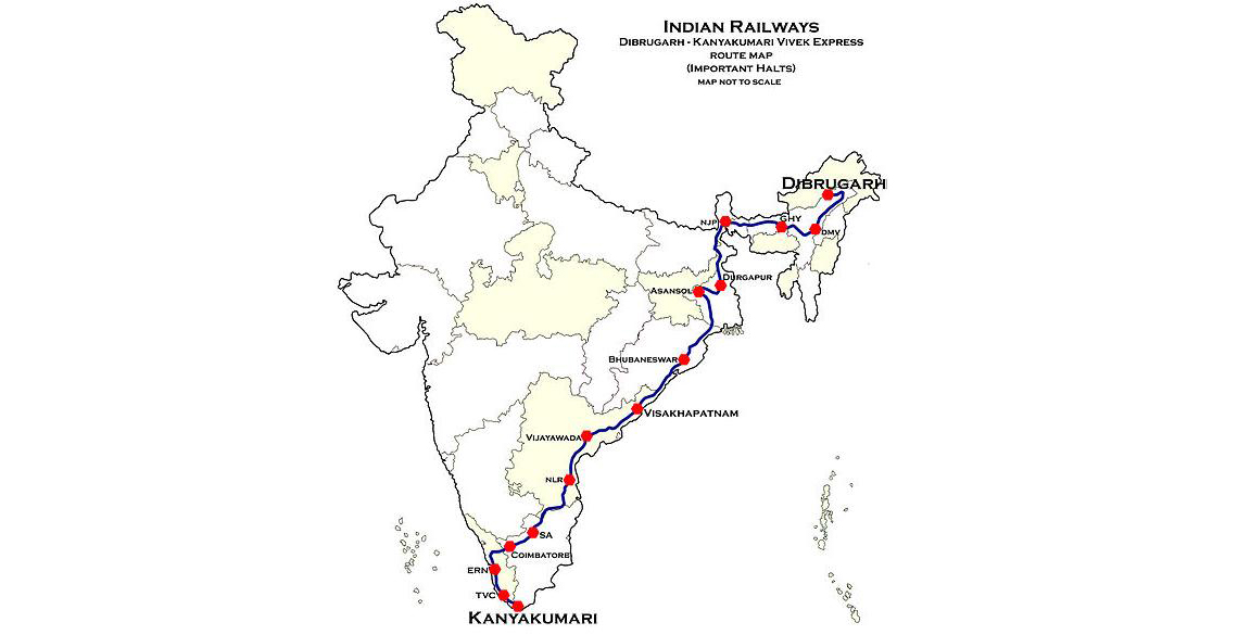 Dibrugarh - Kanyakumari Vivek Express Route map