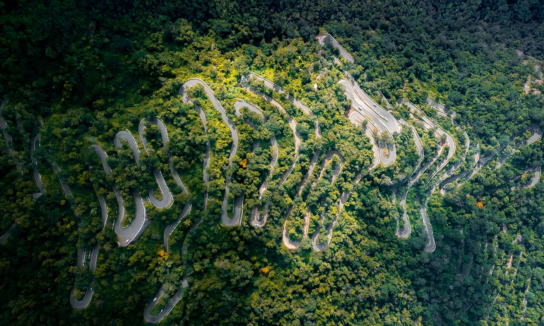 Aerial view of the 36 Nilgiri bends winding through forest